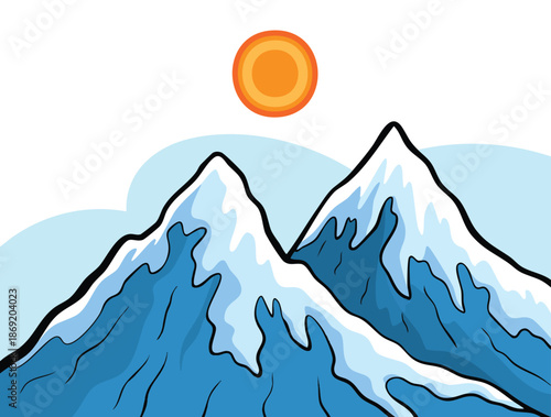 Vector illustration of winter mountain with sun bright snowy peaks outdoor cold scenery natural alpine environment suitable for winter themed landscape artwork