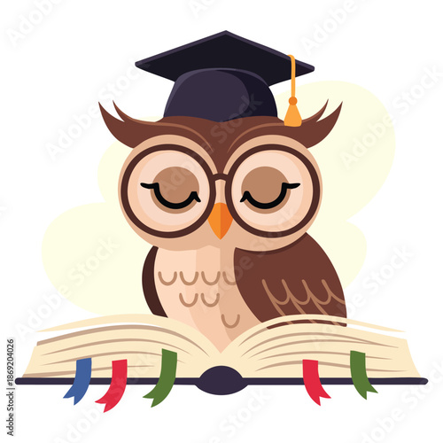 Vector illustration of wise brown owl in graduation cap cartoon bird reading book ideal for school education learning and knowledge themed creative artwork