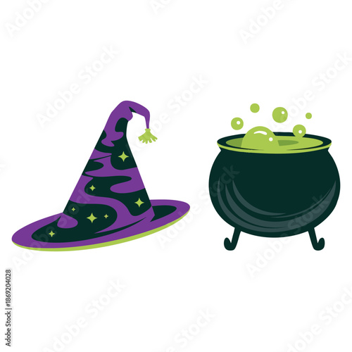 Vector illustration of witch hat and cauldron with boiling potion perfect for witchcraft spells magical ritual objects and fantasy themed artwork