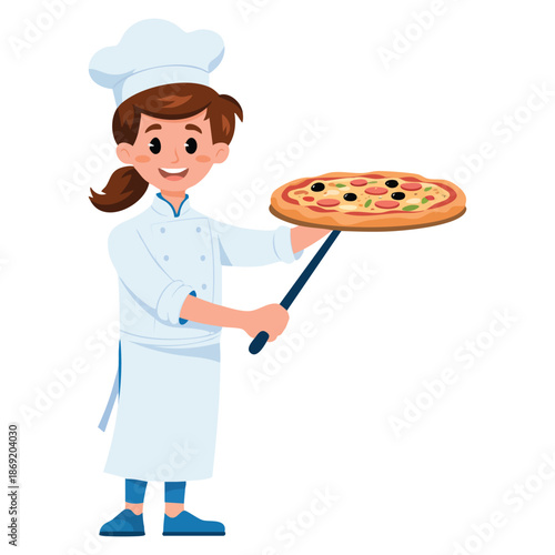 Vector illustration of woman baker in uniform holding shovel with pizza ideal for bakery food cooking culinary themed creative design and illustrations