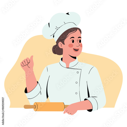 Vector illustration of woman baker in uniform rolling dough ideal for bakery food culinary preparation and cooking themed creative designs or posters