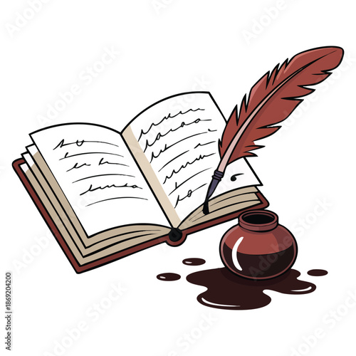 Vector illustration of writer profession symbols vintage quill ink and book cartoon design suitable for literary education and creative branding projects