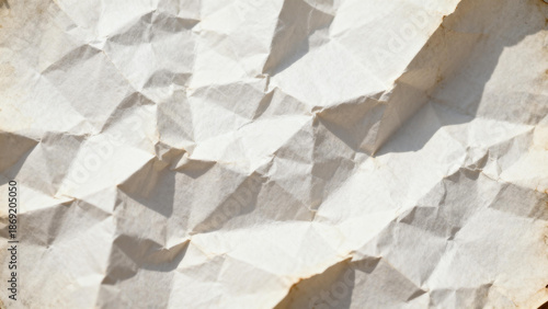 Close-up of crumpled white paper with geometric folds and shadows