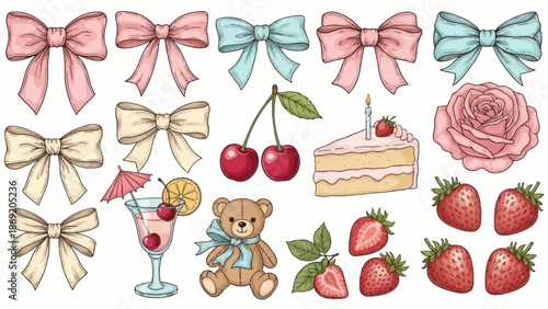 Set of hand drawn coquette elements for Valentines day, wedding invitation, birthday card. Cute girly bows, ribbons, cherry, cake, toy bear, cocktail, rose, strawberry. Vintage vector illustration
