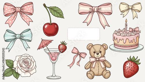 Set of hand drawn coquette elements for Valentines day, wedding invitation, birthday card. Cute girly bows, ribbons, cherry, cake, toy bear, cocktail, rose, strawberry. Vintage vector illustration