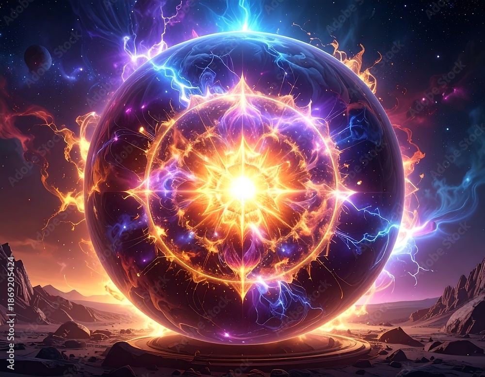 Fototapeta premium Cosmic orb of energy explodes with light in a celestial panorama