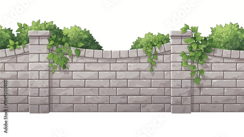 Brick vector fence seamless border, gray stone garden barrier, green leaf, bushes isolated on white. Architecture exterior design element, outdoor street object. Brick fence texture background