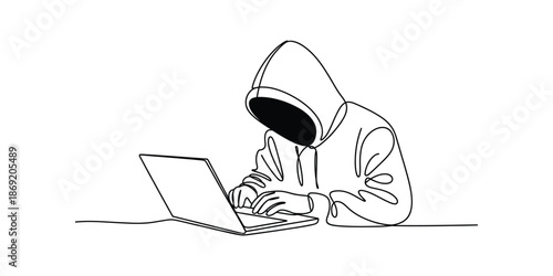 Continuous one line drawing of Profession hacker using laptop, on transparent background, single line draw vector illustration.