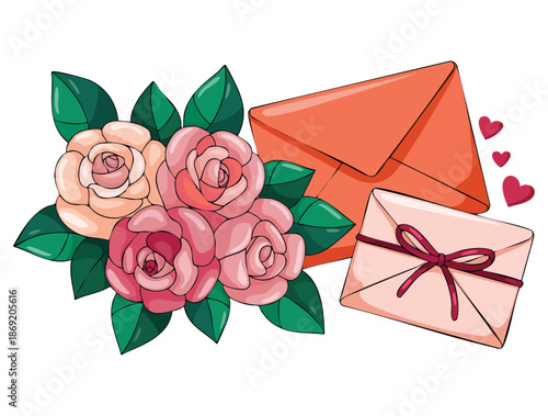 Vector isolated colorful element showing love letter on valentine day postal envelope with declaration of love garden roses postcards ideal for romantic creative design
