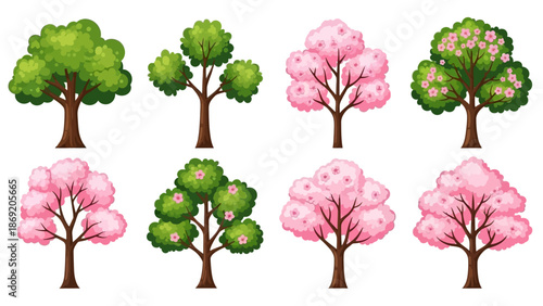 Spring trees vector nature illustration collection with pink blossom sakura, trunks, green crown. Isolated summer season park cartoon floral icon set. Spring trees garden environment logo landscape HD
