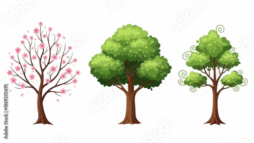 Spring trees vector nature illustration collection with pink blossom sakura, trunks, green crown. Isolated summer season park cartoon floral icon set. Spring trees garden environment logo landscape HD