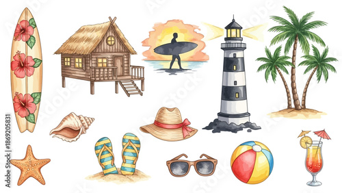 Watercolor summer icon set, vector hand drawn tropical beach illustration, coastal surfboard print. Ocean vacation paradise graphic, palm tree, bungalow, surfer, lighthouse. Summer tropical elements