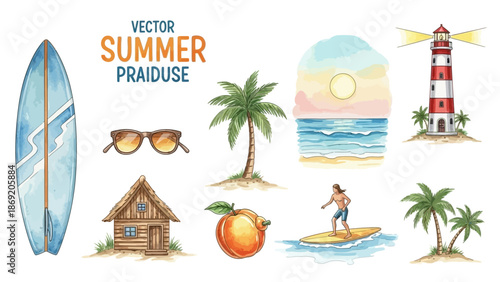 Watercolor summer icon set, vector hand drawn tropical beach illustration, coastal surfboard print. Ocean vacation paradise graphic, palm tree, bungalow, surfer, lighthouse. Summer tropical elements