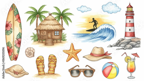 Watercolor summer icon set, vector hand drawn tropical beach illustration, coastal surfboard print. Ocean vacation paradise graphic, palm tree, bungalow, surfer, lighthouse. Summer tropical elements