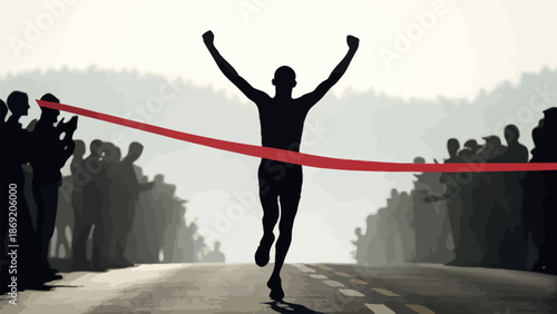 Man crossing finish line with arms raised in victory