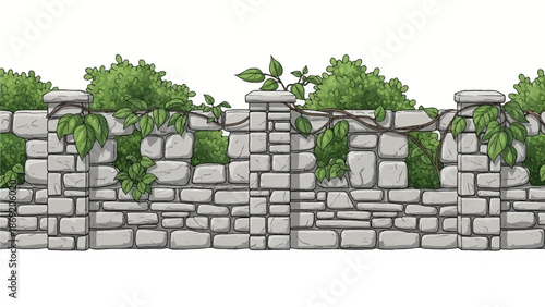 Brick vector fence seamless border, gray stone garden barrier, green leaf, bushes isolated on white. Architecture exterior design element, outdoor street object. Brick fence texture background