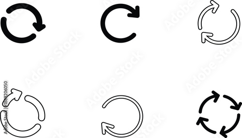 Set of circular arrow icons for web refresh, data synchronization, system updates, and repeating cycle motion