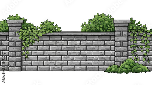 Brick vector fence seamless border, gray stone garden barrier, green leaf, bushes isolated on white. Architecture exterior design element, outdoor street object. Brick fence texture background