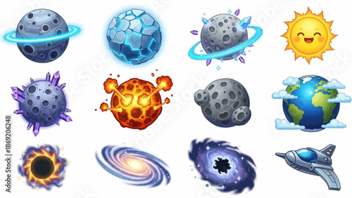Space alien planet vector icon set, game UI fantasy galaxy sphere kit, ice surface asteroid, Sun, Earth. Magic cosmos collection, 3D fiction fantastic moon, lava stone explosion. Alien planet clipart