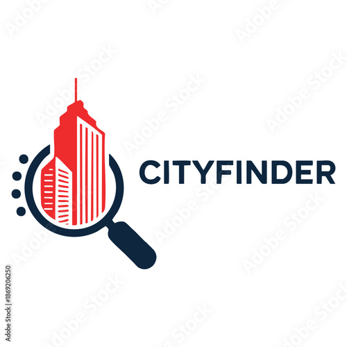 Vector logo template city finder analysis with magnifying glass symbol ideal for industrial research urban search services or city development branding