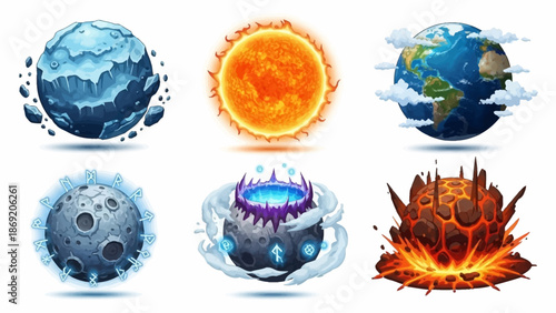 Space alien planet vector icon set, game UI fantasy galaxy sphere kit, ice surface asteroid, Sun, Earth. Magic cosmos collection, 3D fiction fantastic moon, lava stone explosion. Alien planet clipart