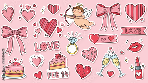 Love doodle sticker set, Valentine day cute hand drawn whimsical illustration, pink romantic print. February 14 holiday creative icon, heart, cherub, wedding ribbon bow. Bachelorette party love doodle