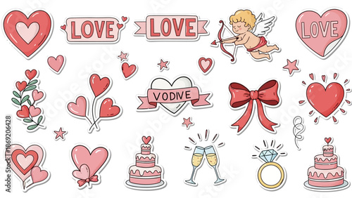 Love doodle sticker set, Valentine day cute hand drawn whimsical illustration, pink romantic print. February 14 holiday creative icon, heart, cherub, wedding ribbon bow. Bachelorette party love doodle