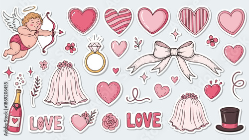 Love doodle sticker set, Valentine day cute hand drawn whimsical illustration, pink romantic print. February 14 holiday creative icon, heart, cherub, wedding ribbon bow. Bachelorette party love doodle