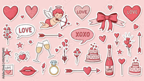Love doodle sticker set, Valentine day cute hand drawn whimsical illustration, pink romantic print. February 14 holiday creative icon, heart, cherub, wedding ribbon bow. Bachelorette party love doodle