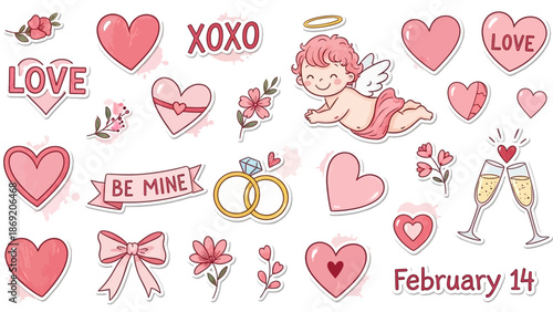 Love doodle sticker set, Valentine day cute hand drawn whimsical illustration, pink romantic print. February 14 holiday creative icon, heart, cherub, wedding ribbon bow. Bachelorette party love doodle