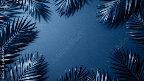 Dark blue tropical palm leaves arranged in a circular frame on a solid background