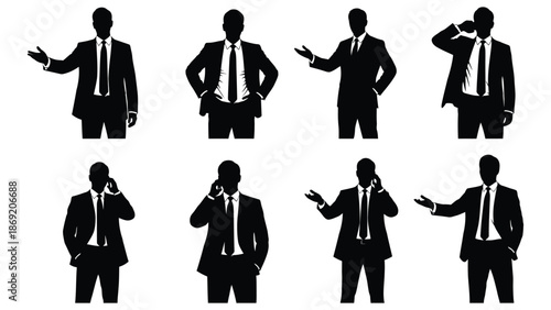 Collection of eight black silhouette figures representing businessmen making various gestures