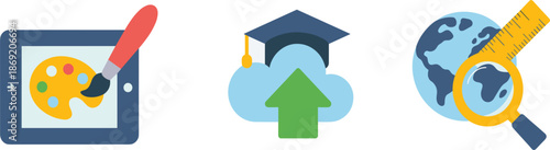 Set of colorful flat icons featuring digital art tablet, cloud e-learning upload, and global research tools