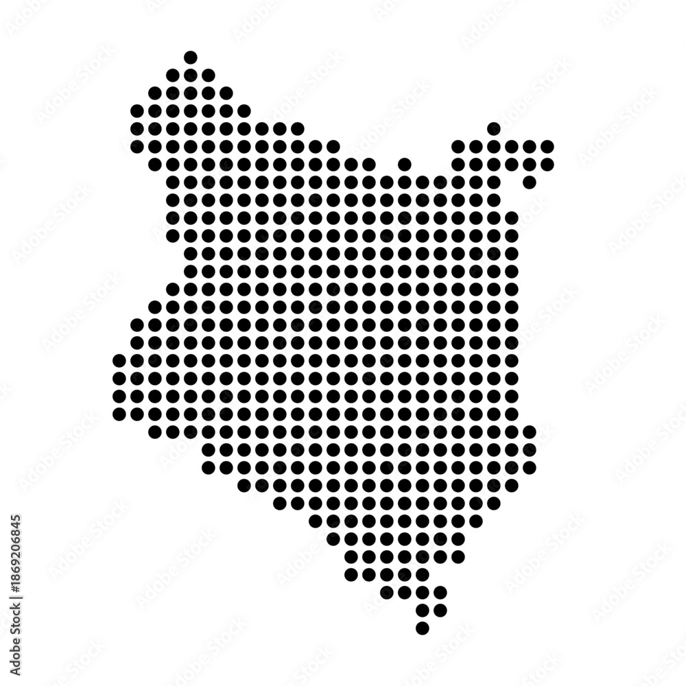 Obraz premium Kenya country dotted map. Black spot pixel illustration isolated on white background. Vector circle mosaic.