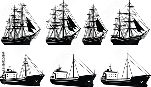 Black silhouette set of vintage sailing ships and modern cargo vessels isolated on white, maritime transport collection, cad drawing flat vector illustration