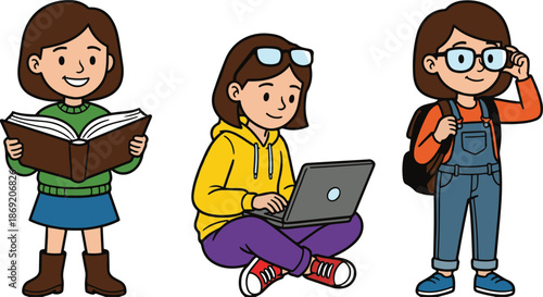Cartoon schoolgirl character set featuring a girl reading a book, studying on a laptop, and standing with a backpack, vector illustration.
