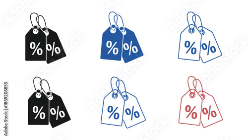 Collection of six stylized price tag icons featuring percentage symbols