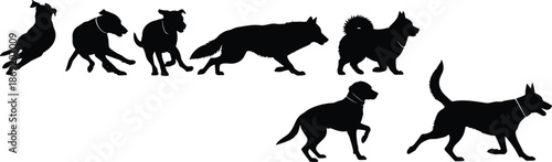 Running dog silhouette collection featuring various breeds, jumping pets, playful canines, and domestic animal shapes for nature, wildlife, and veterinary flat vector illustration