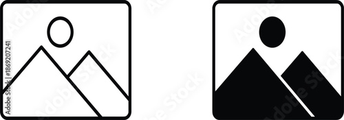 Set of linear and solid mountain landscape icons for image galleries, photography portfolios, and picture placeholders