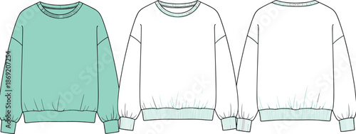 Women oversized crewneck sweatshirt technical cad drawing flat vector illustration, front and back view, mint green fleece apparel design template