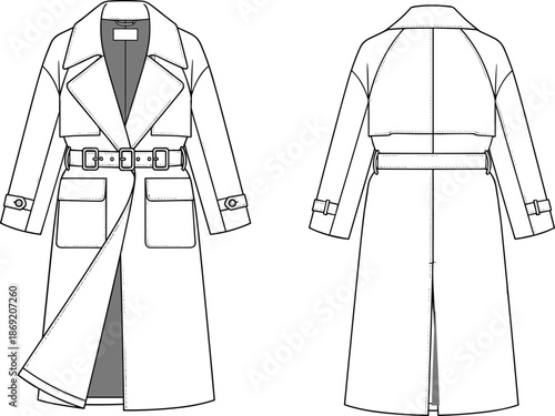 Women long trench coat with belt technical cad drawing flat vector illustration, front and back view, winter apparel design template
