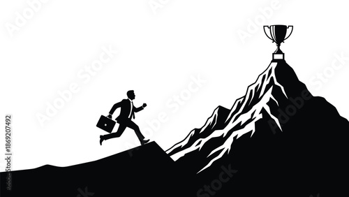 Silhouette of a businessman running uphill toward a trophy symbolizing success