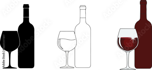A vector illustration set featuring three different styles of wine bottles and glasses. The set includes a black silhouette, a white outline, and a detailed red wine bottle with a filled glass.