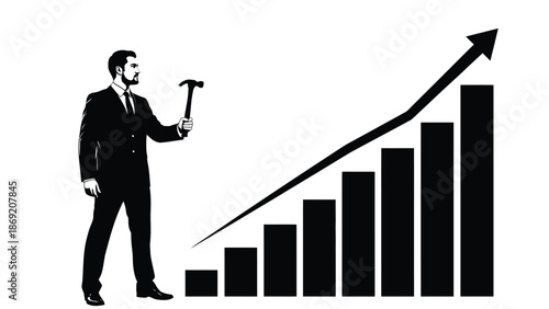 Businessman silhouette holding a hammer beside a rising bar chart symbolizing growth