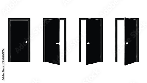 Four black door icons showing different stages of opening