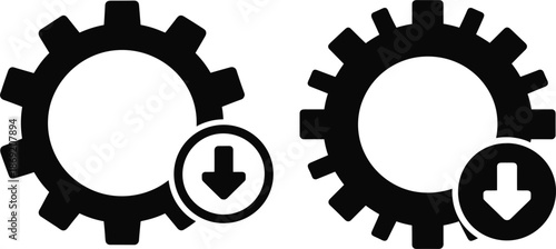 Set of linear and solid gear icons with down arrow symbols for software updates and downloads