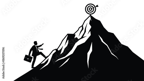 Silhouette of a businessman climbing a mountain toward a target symbol
