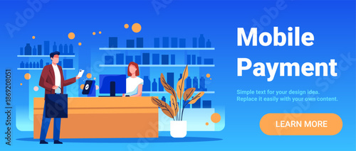 Mobile payment contactless transaction in store modern cashier counter customer holding smartphone shopping bag digital device blue background website banner