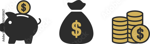 Set of black and gold finance icons featuring a piggy bank, money bag, and coin stacks