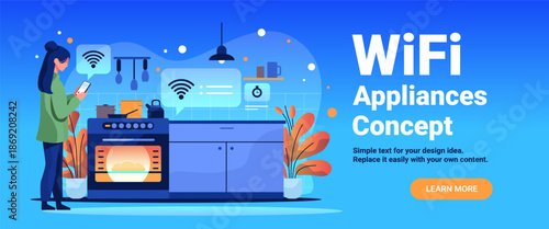 WiFi appliances concept smart kitchen technology woman controlling oven with smartphone modern home interior blue background website banner